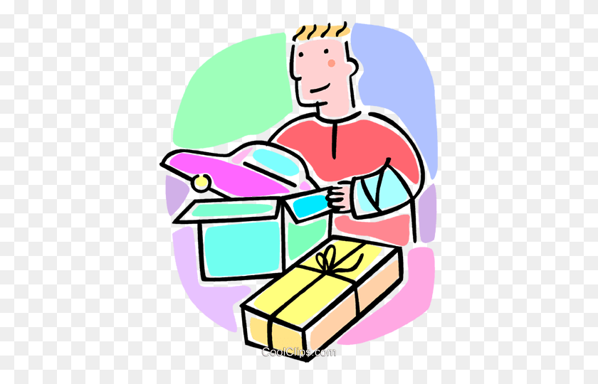 391x480 Boy In A Cast Opening A Present Royalty Free Vector Clip Art - Cast Clipart