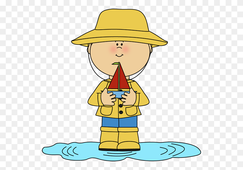 550x530 Boy In Rain Puddle With Toy Boat Clip Art - Rain Puddle Clipart