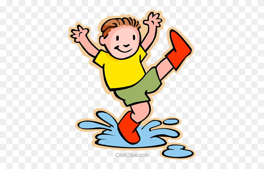 405x480 Boy Jumping In Rain Puddle Royalty Free Vector Clip Art - Rain Puddle Clipart