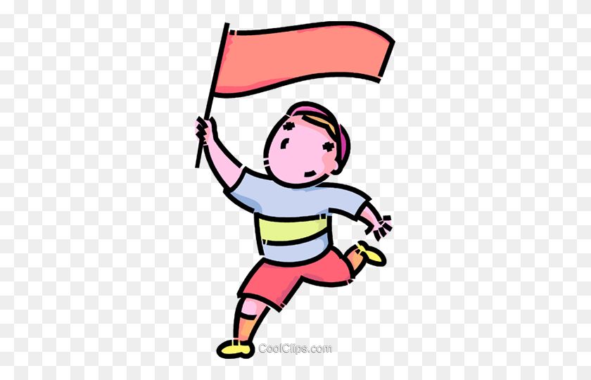 285x480 Boy Running With A Flag Royalty Free Vector Clip Art Illustration - Child Running Clipart