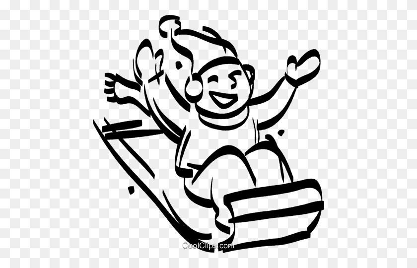 466x480 Boy Sitting On A Toboggan Royalty Free Vector Clip Art - Sled Clipart Black And White