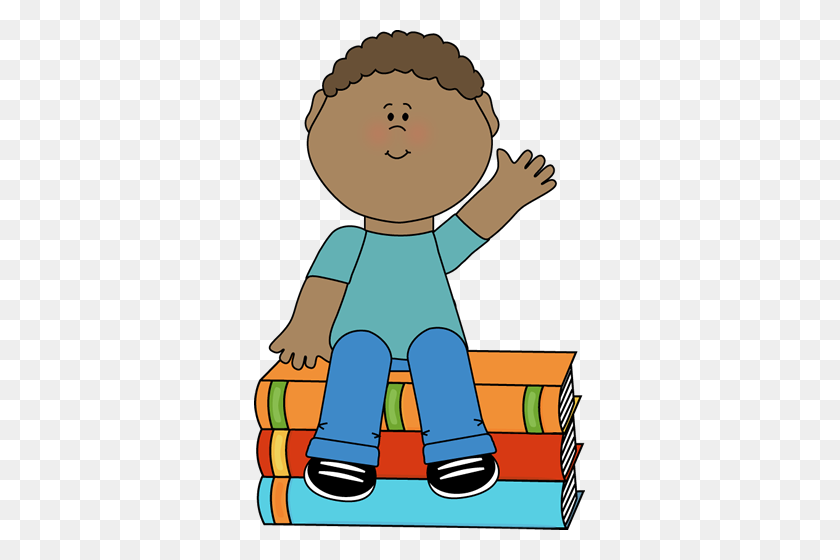 331x500 Boy Sitting On Books And Waving Clip Art - Science Project Clipart