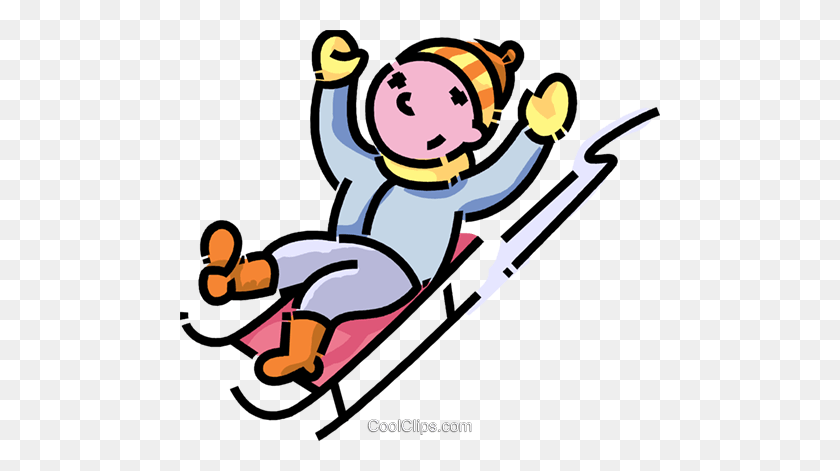 480x411 Boy Sliding Down A Hill On His Toboggan Royalty Free Vector Clip - Over The Hill Clipart