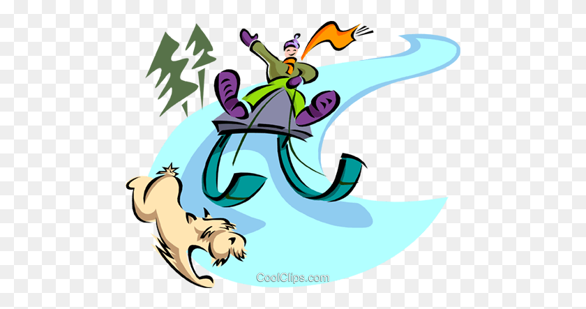 480x383 Boy Sliding With Toboggan And Dog Royalty Free Vector Clip Art - Dog Sled Clipart