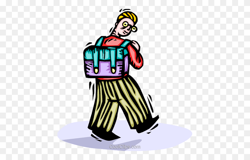 453x480 Boy Walking To School With His Knapsack Royalty Free Vector Clip - Walking To School Clipart