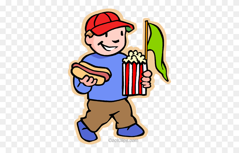 362x480 Boy With Hotdog Popcorn And Pennant Royalty Free Vector Clip Art - Popcorn Clipart Free