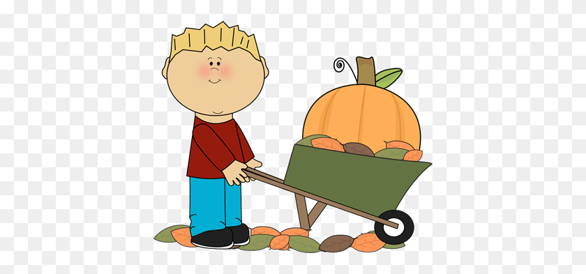 400x333 Boy With Pumpkin In A Wheelbarrow Fall Clip Art - Fall Decor Clipart