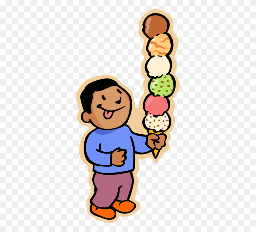 341x700 Мальчик С Шестью Шариками Мороженого - Дети Едят Мороженое Клипарт