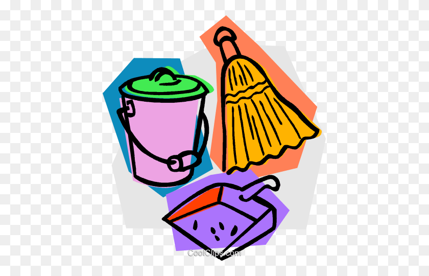 437x480 Broom With Dustpan And Pail Royalty Free Vector Clip Art - Pail Clipart