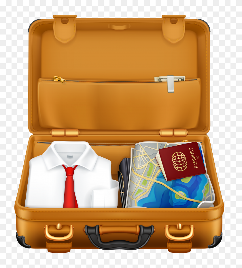 3500x3913 Brown Suitcase With Clothes And Passport Png Clipart Image - Suitcase PNG
