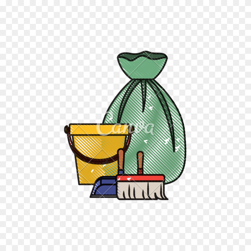 800x800 Bucket And Dustpan And Broom And Garbage Bag In Colored Crayon - Broom And Dustpan Clipart