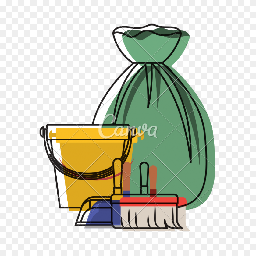 800x800 Bucket And Dustpan And Broom And Garbage Bag In Colorful - Broom And Dustpan Clipart