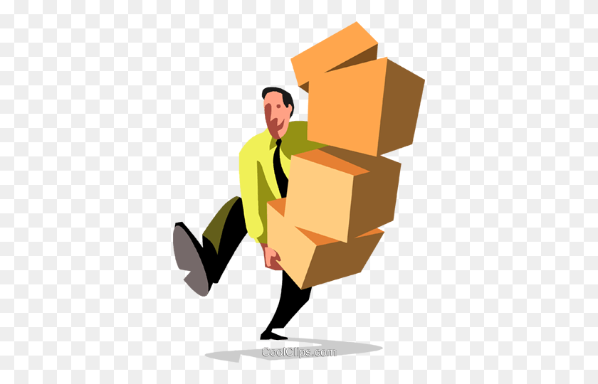 354x480 Businessman Carrying Boxes Royalty Free Vector Clip Art - Moving Boxes Clipart