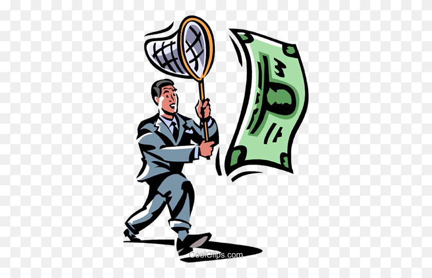 361x480 Businessman Chasing Money With A Net Royalty Free Vector Clip Art - Wealth Clipart