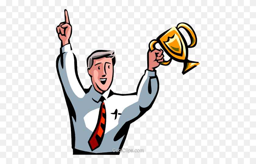 472x480 Businessman Hoisting A Trophy In Victory Royalty Free Vector Clip - Victory Clipart
