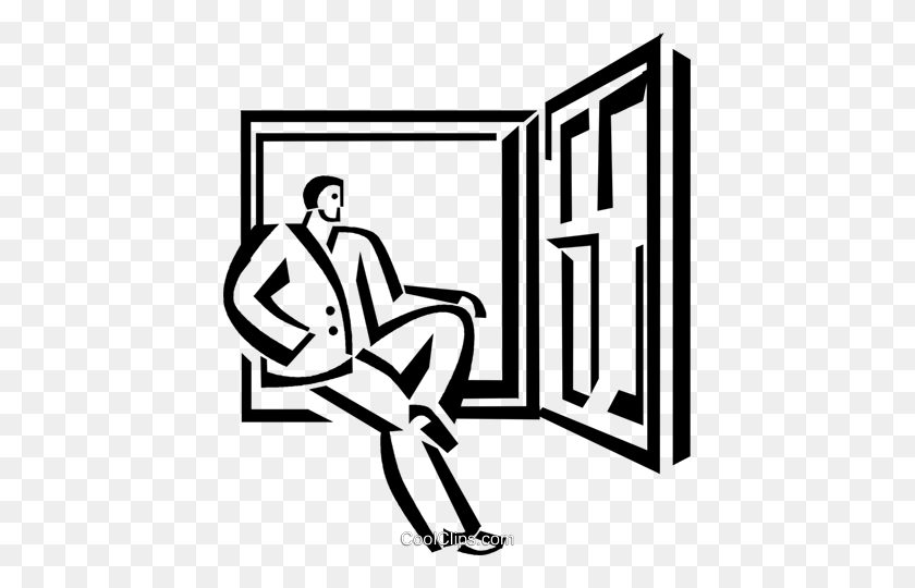 429x480 Businessman Looking Out The Window Royalty Free Vector Clip Art - Window Clipart Black And White