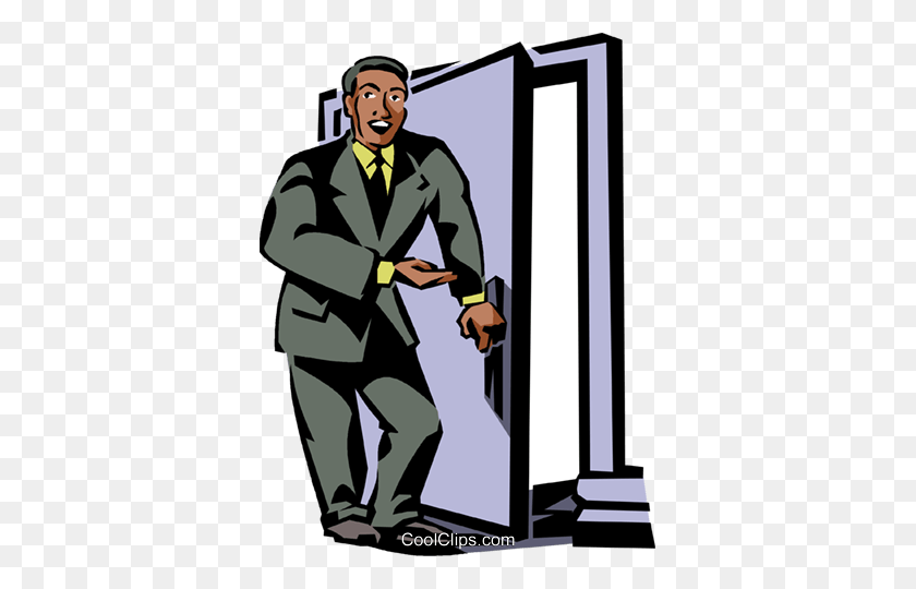 363x480 Businessman Opening A Door Royalty Free Vector Clip Art - Salesman Clipart