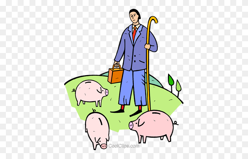 405x480 Businessman Shepherd With Piggy Banks Royalty Free Vector Clip Art - Pastor Clipart