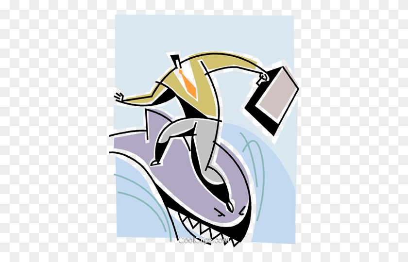 392x480 Hombre De Negocios Surfeando En Un Tiburón Imágenes Prediseñadas De Vector Libre De Regalías - Tiburón Clipart Png