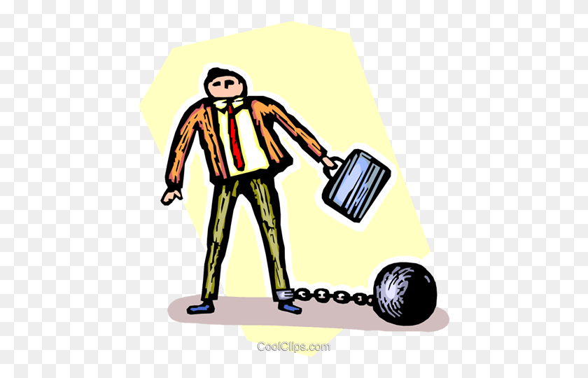 444x480 Businessman With A Ball And A Chain Royalty Free Vector Clip Art - Ball And Chain Clipart