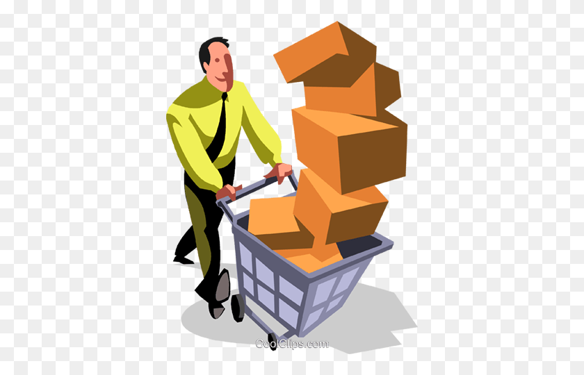 362x480 Businessman With Cart Full Of Boxes Royalty Free Vector Clip Art - Bricklayer Clipart