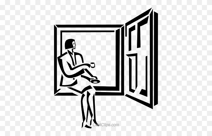 412x480 Businesswoman Looking Out Of The Window Royalty Free Vector Clip - Window Clipart Black And White