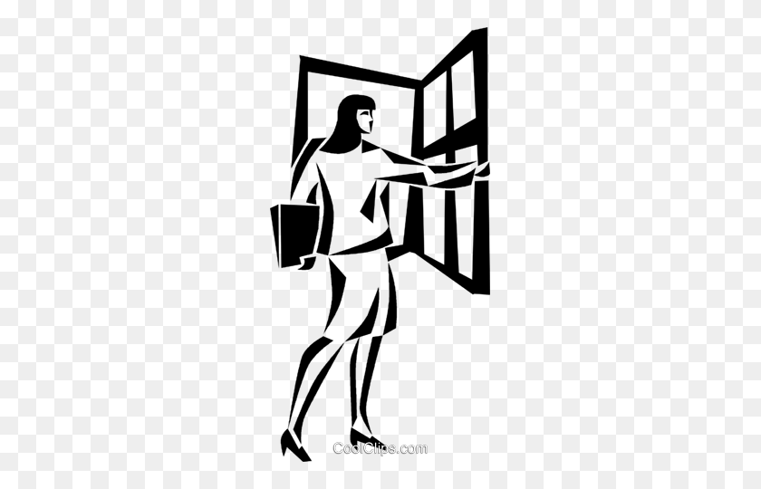243x480 Businesswoman Opening A Window Royalty Free Vector Clip Art - Window Clipart Black And White
