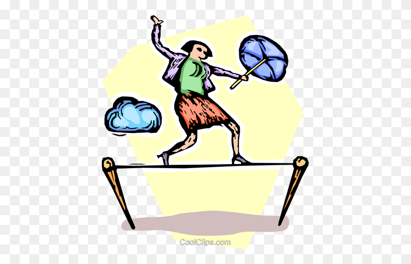 423x480 Businesswoman Walking A Tightrope Royalty Free Vector Clip Art - Tightrope Clipart