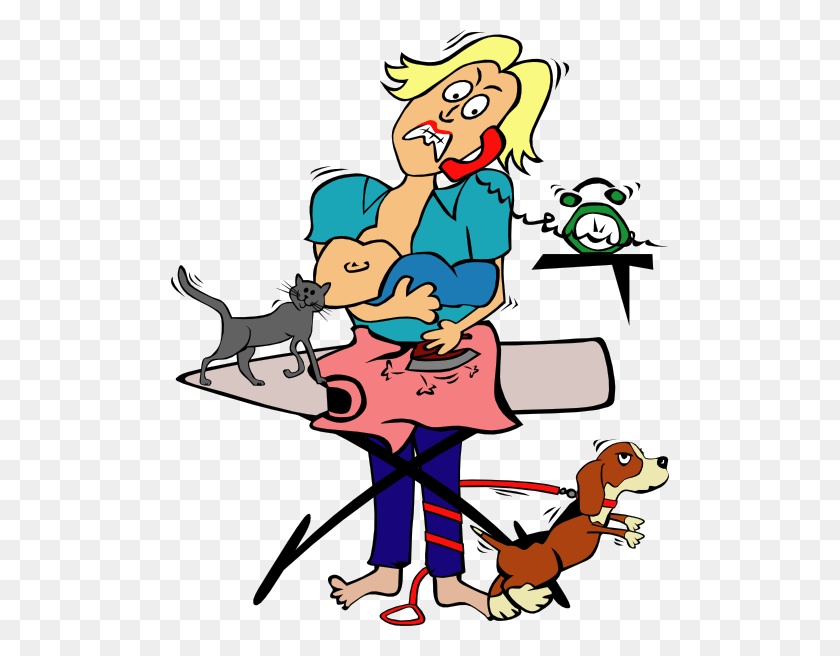 498x596 Busy Mom With Child And Pets Clip Art - Mother And Child Clipart