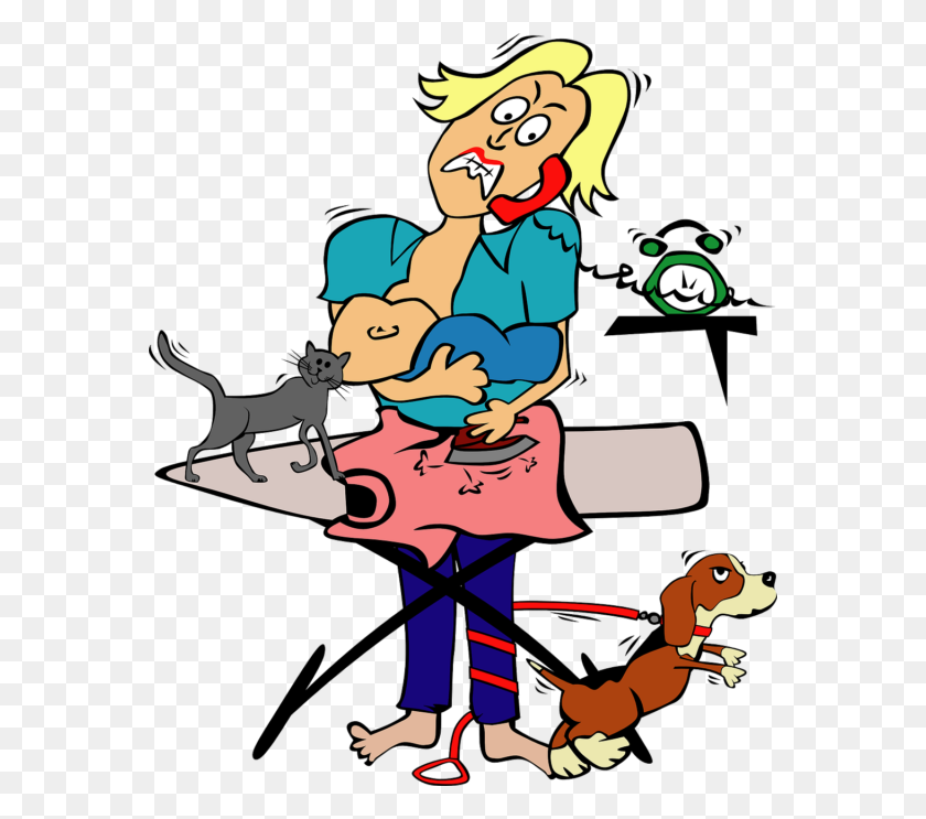 570x683 Busy Mom With Child And Pets Clip Art Free Vector - Mothers Day Clipart Free