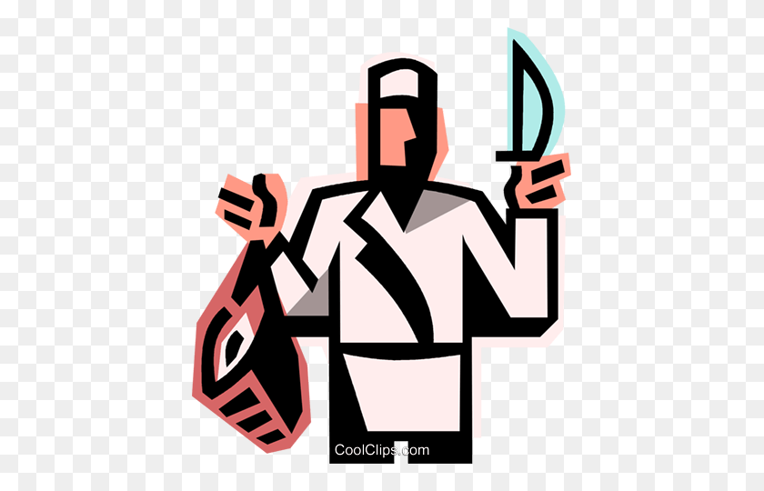 417x480 Butcher Holding A Piece Of Meat Royalty Free Vector Clip Art - Deli Clipart