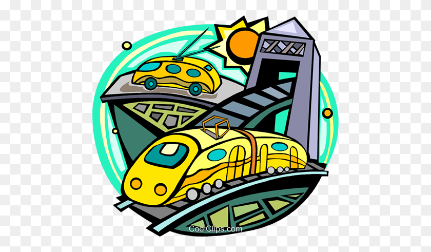 480x431 Car On A Road With An Electric Train Royalty Free Vector Clip Art - Train Car Clipart