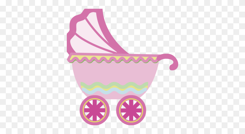 382x400 Carriage Clipart Baby Bottle - Baby Girl Stork Clipart