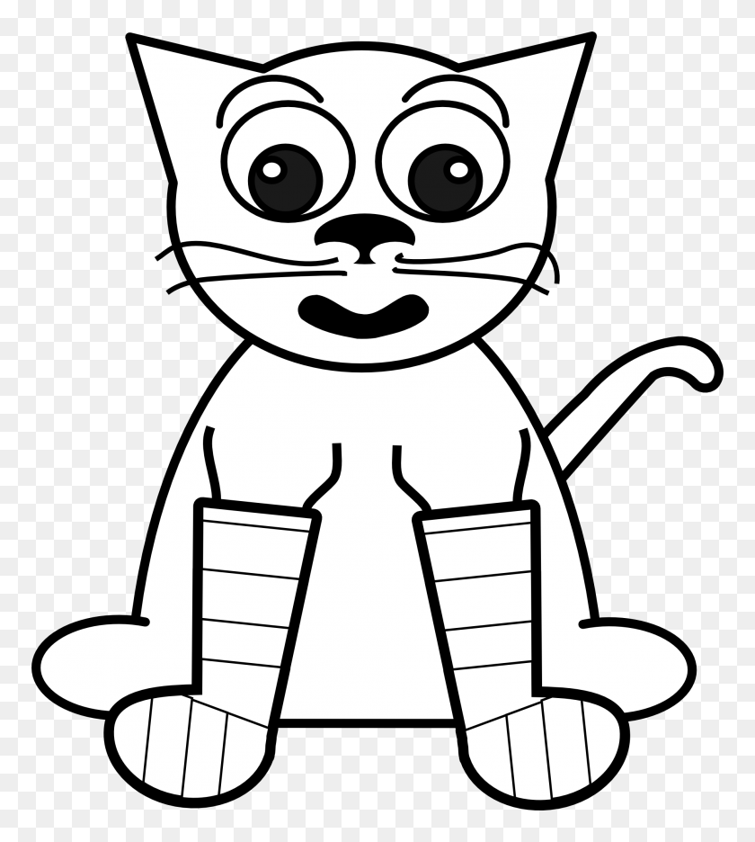 1979x2224 Cartoon Cat In Rainbow Socks Black White Line Art Inkscape - Cat Face Clipart Black And White