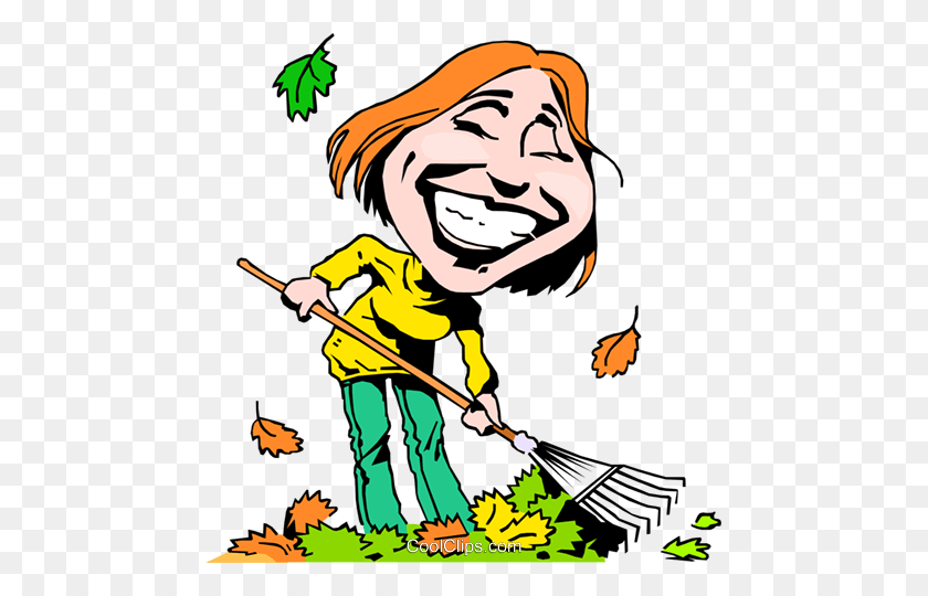 467x480 Cartoon Lady Raking Leaves Royalty Free Vector Clip Art - Raking Leaves Clipart