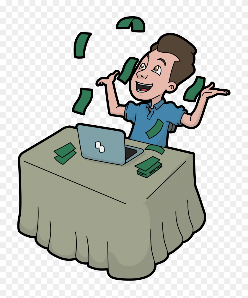 2000x2431 Cartoon Man Rejoicing With The Money Coming From The Computer - Cartoon Computer PNG