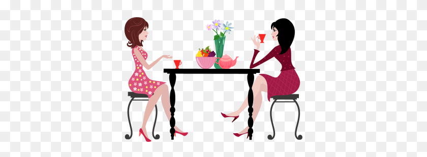 350x250 Mujer De Dibujos Animados Tomando Café Juntos En La Mesa - Personas Sentadas En La Mesa Png