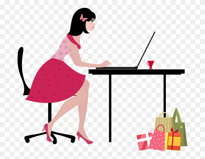 700x590 Cartoon Young Woman With Laptop Computer Shopping Online - Young Girl Clipart