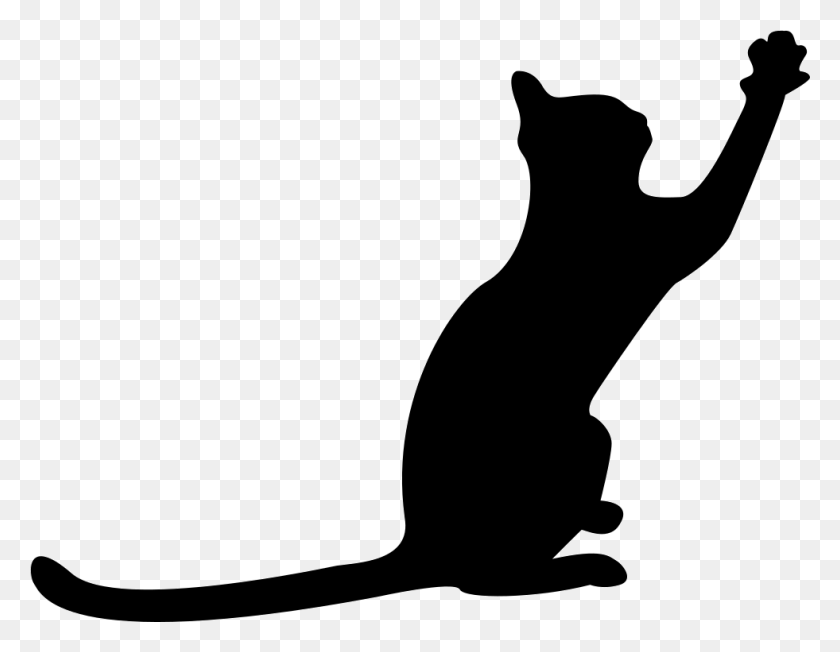 981x745 Cat Black Silhouette With Extended Tail And One Paw To Front - Cat Paw PNG