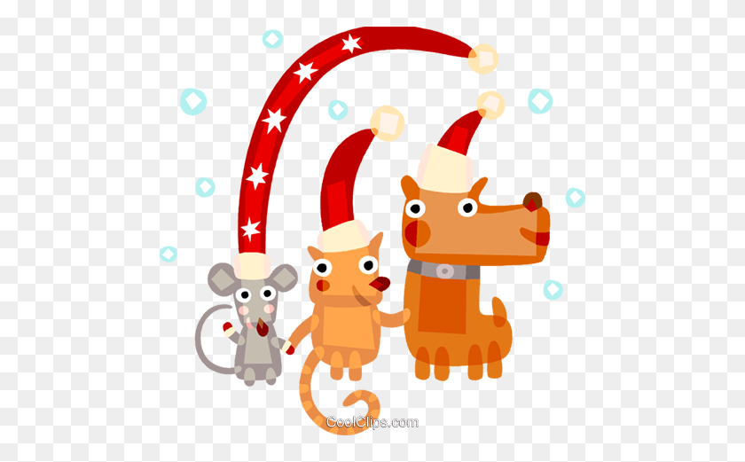 480x461 Gato, Perro, Ratón Celebrando La Navidad Royalty Free Vector Clipart - Christmas Mouse Clipart