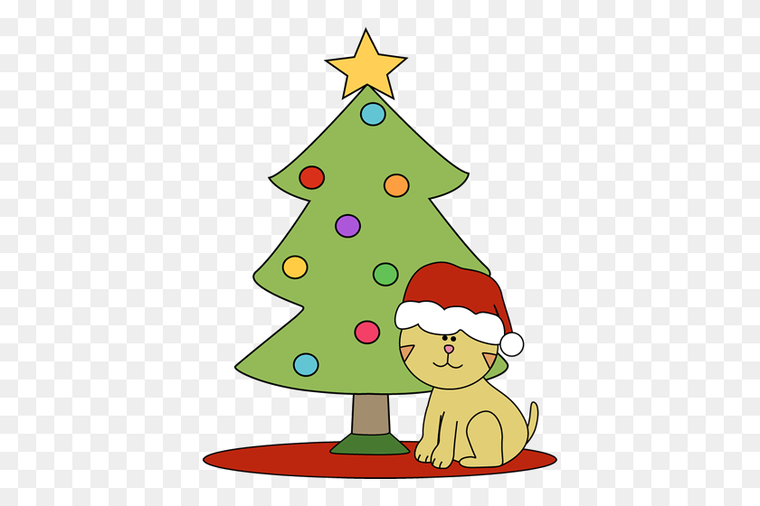 392x500 Cat Sitting In Front Of Christmas Tree Clip Art - Christmas Lunch Clipart