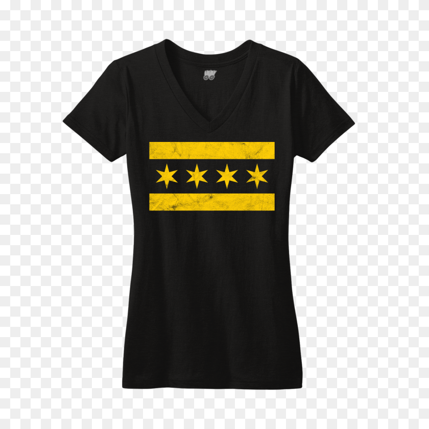 2048x2048 Chicago Flag Vneck Shirt Women's Black And Yellow Bandwagon Champs - Chicago Flag PNG