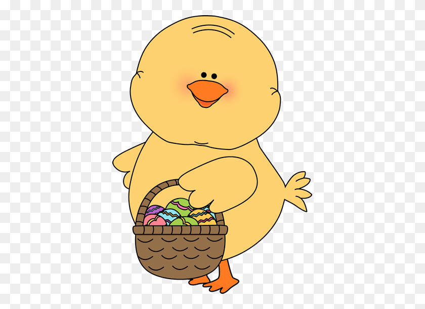 395x550 Chick Carrying Easter Basket Clip Art - Easter Basket Clipart