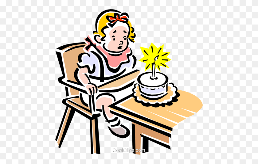 480x475 Child Blowing Out Candles On A Cake Royalty Free Vector Clip Art - First Birthday Clipart