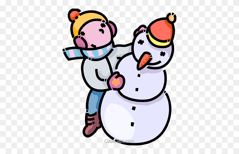 401x480 Child Building A Snowman Royalty Free Vector Clip Art Illustration - Snowman Family Clipart
