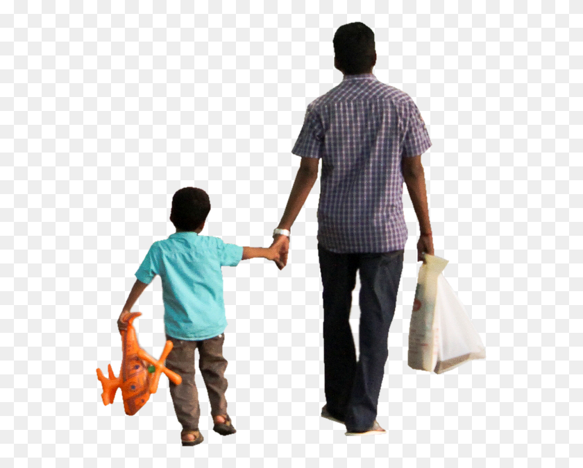 565x615 Child Kid Dad Father Son Parent Walking Back Group Shopping Indian - Kids Walking PNG