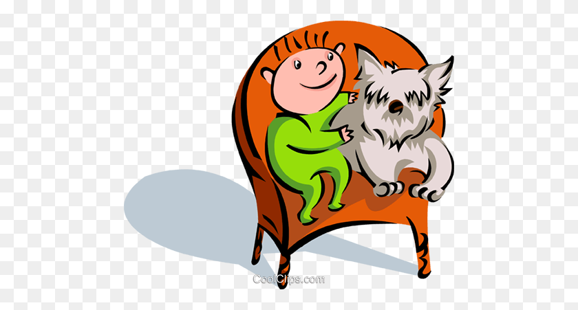 480x391 Child With Pet Dog On Chair Royalty Free Vector Clip Art - Puppy Dog Clipart