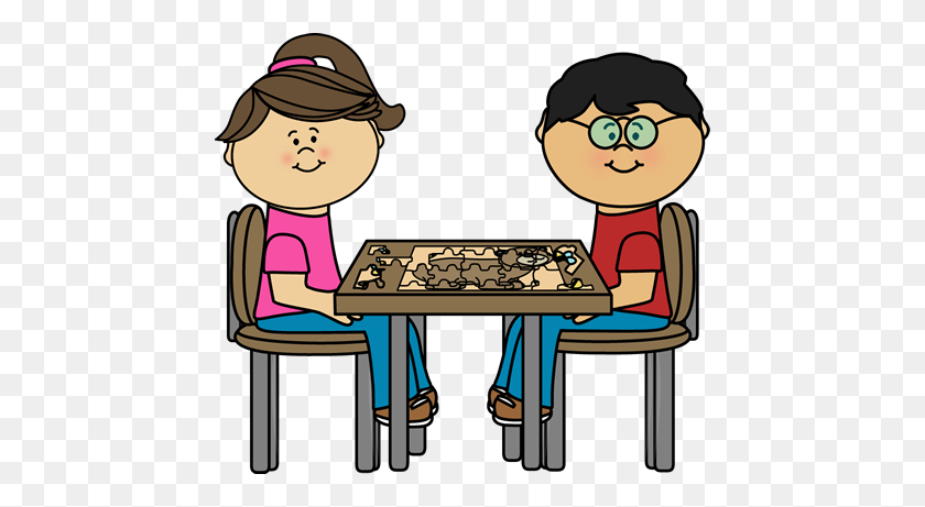 450x401 Children Putting Puzzle Together - Sensory Table Clipart