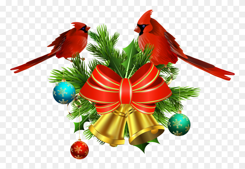 6000x4012 Christmas Bells And Birds Decor Png Transparent Clip Art - Cardinal Clipart Free