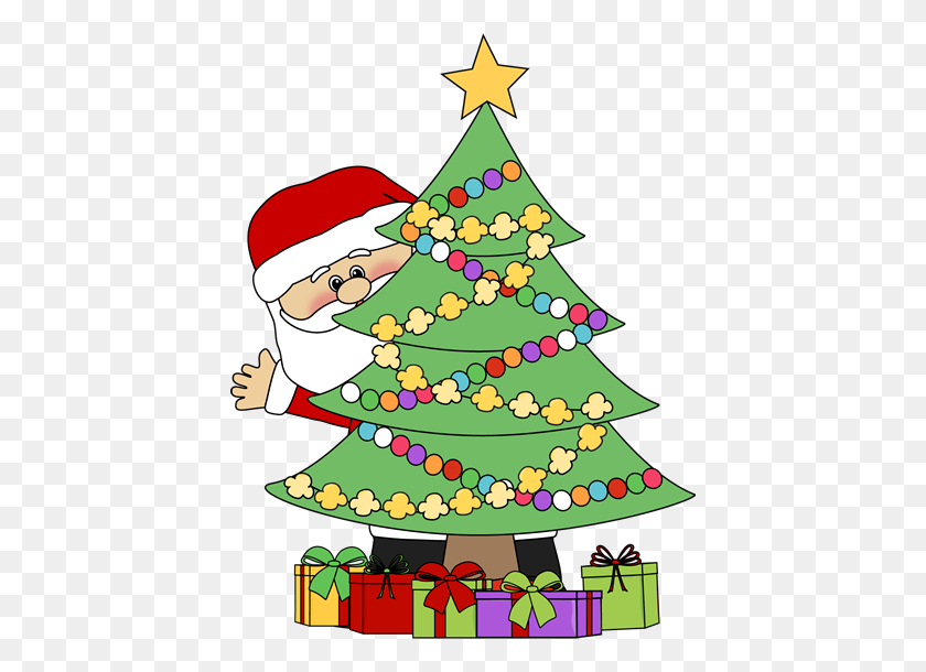 422x550 Christmas Clip Art Santa Behind A Christmas Tree Clip Art - Snow Covered Trees Clipart